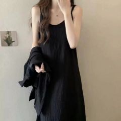 修身吊带连衣裙-长款吊带裙子 黑裙长 110【身高156 以下】小个子 S(建议80-100斤)