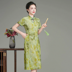 夏季气质国风连衣裙显瘦高贵洋气短袖过膝旗袍裙子 竹叶绿色 M(建议85-100斤)