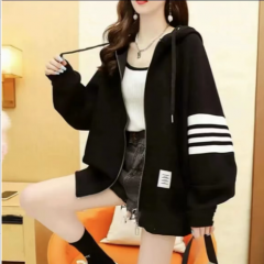 新款卫衣女韩版宽松百搭外穿连帽拉链加绒加厚休闲外套女 黑色 L(110-130斤)