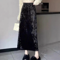 丝绒半身裙女秋季新款2024新款高腰显瘦时尚中长款a字裙 L(90-120斤)