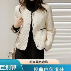 格纹短款棉服女气质减龄小香风无领外套墨 黑色 2XL (90-110斤)